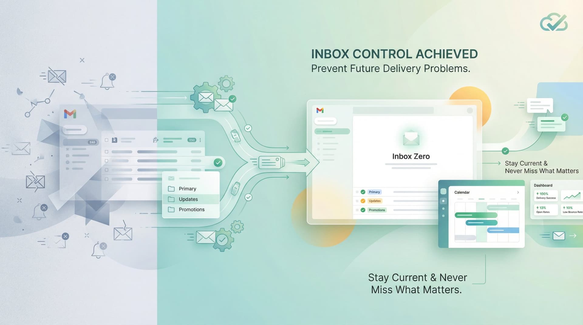 Clean organized digital workspace showing the transition from email chaos to inbox zero clarity and ongoing productivity