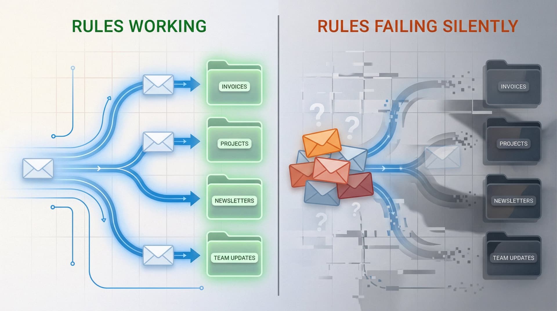 Split illustration showing working Outlook rules on left versus invisibly broken rules on right with silent email chaos