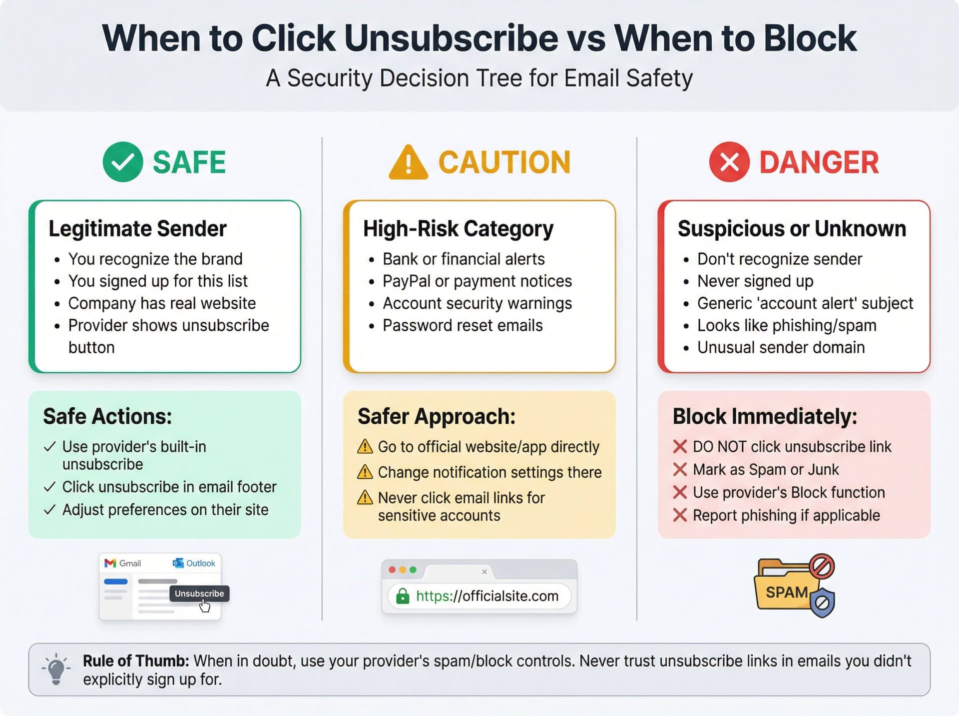 Security decision tree showing when to safely unsubscribe versus when to block suspicious emails