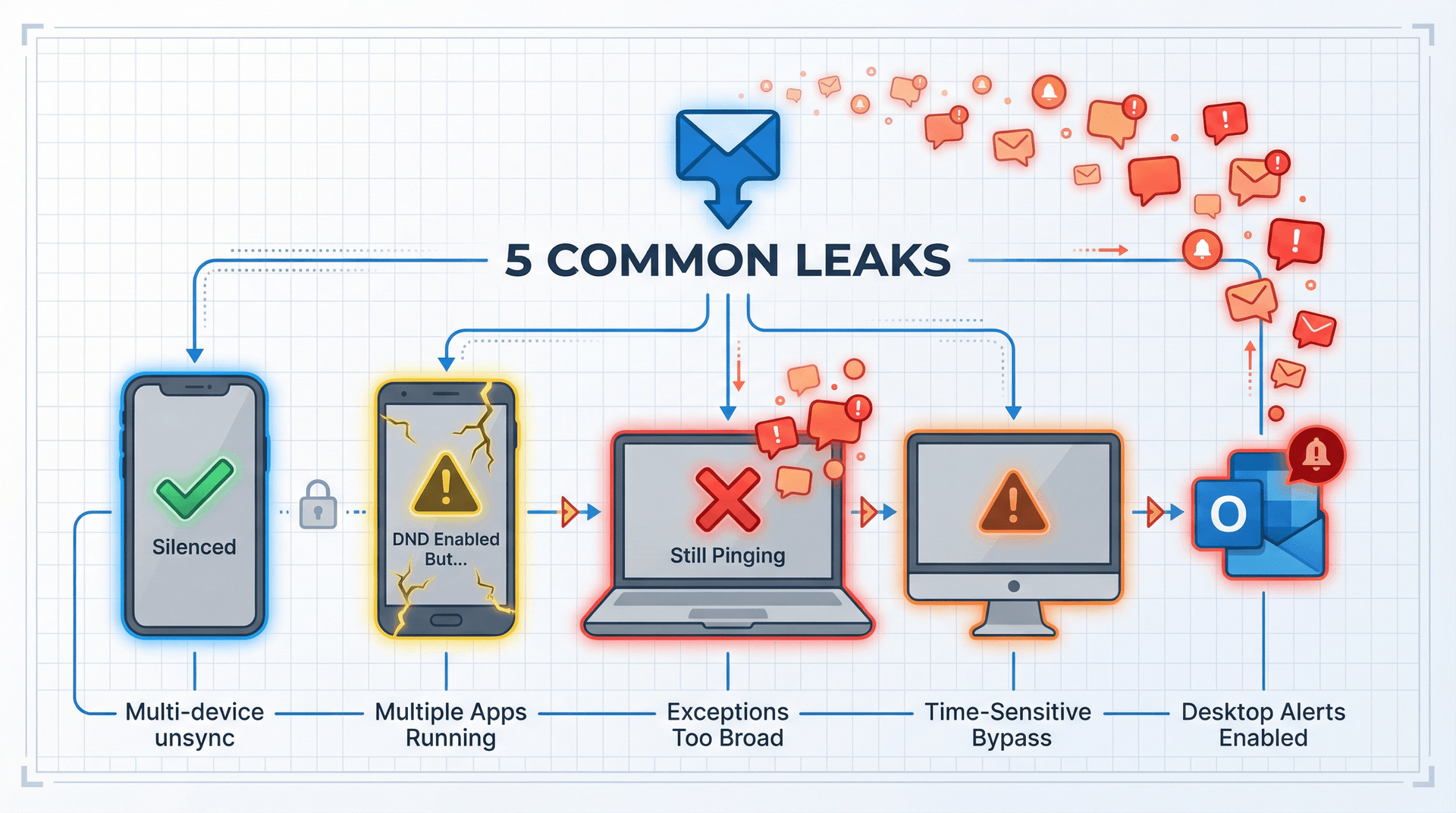 Multi-device notification leakage diagram showing how email alerts escape from iPhone, Android, Windows, Mac, and Outlook despite Do Not Disturb being enabled on some devices