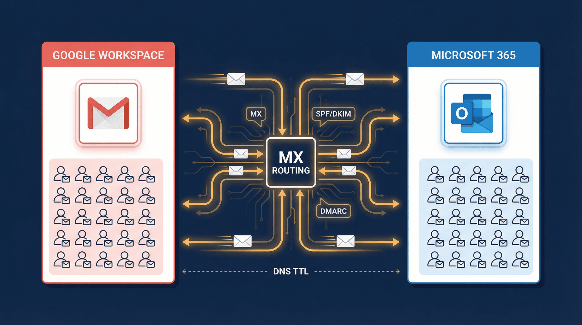 Split editorial illustration showing Google Workspace and Microsoft 365 coexistence with MX routing bridge and DNS records during staged email migration