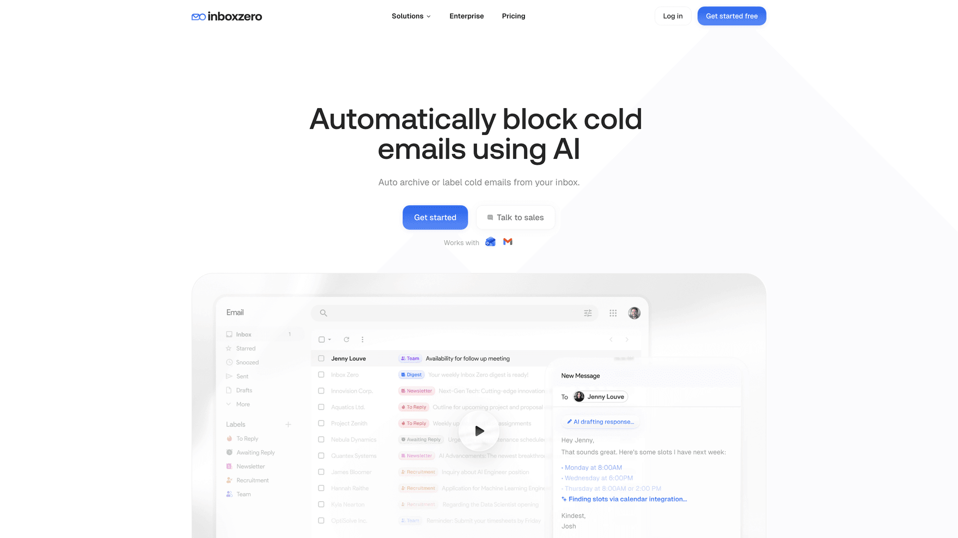 Inbox Zero Cold Email Blocker page showing "Automatically block cold emails using AI" with auto-archive and label product UI