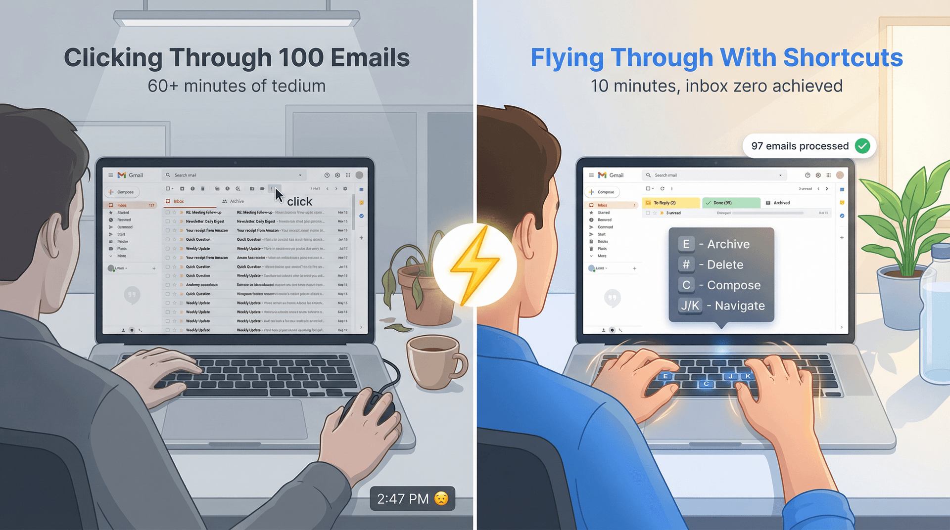 Split-screen comparison: frustrated user clicking through Gmail vs confident user flying through inbox with keyboard shortcuts