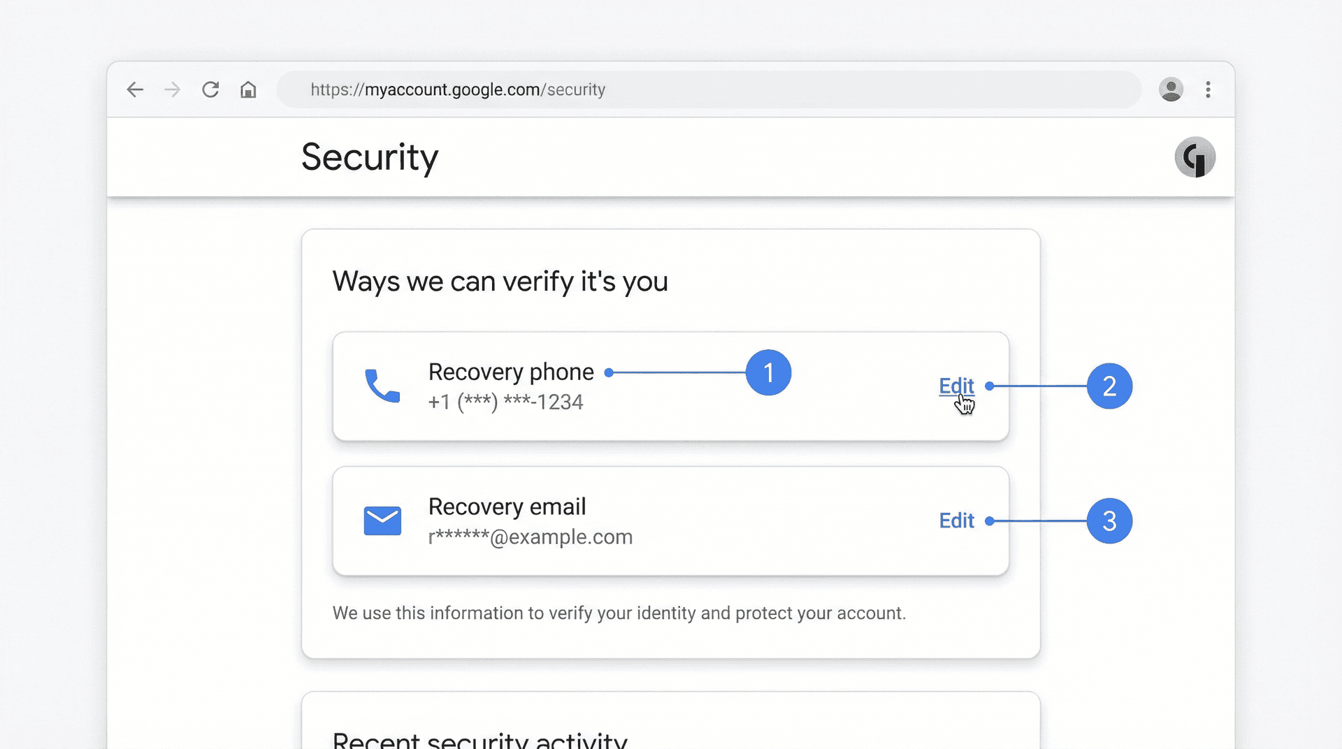 Google Account security settings showing recovery phone and email verification options