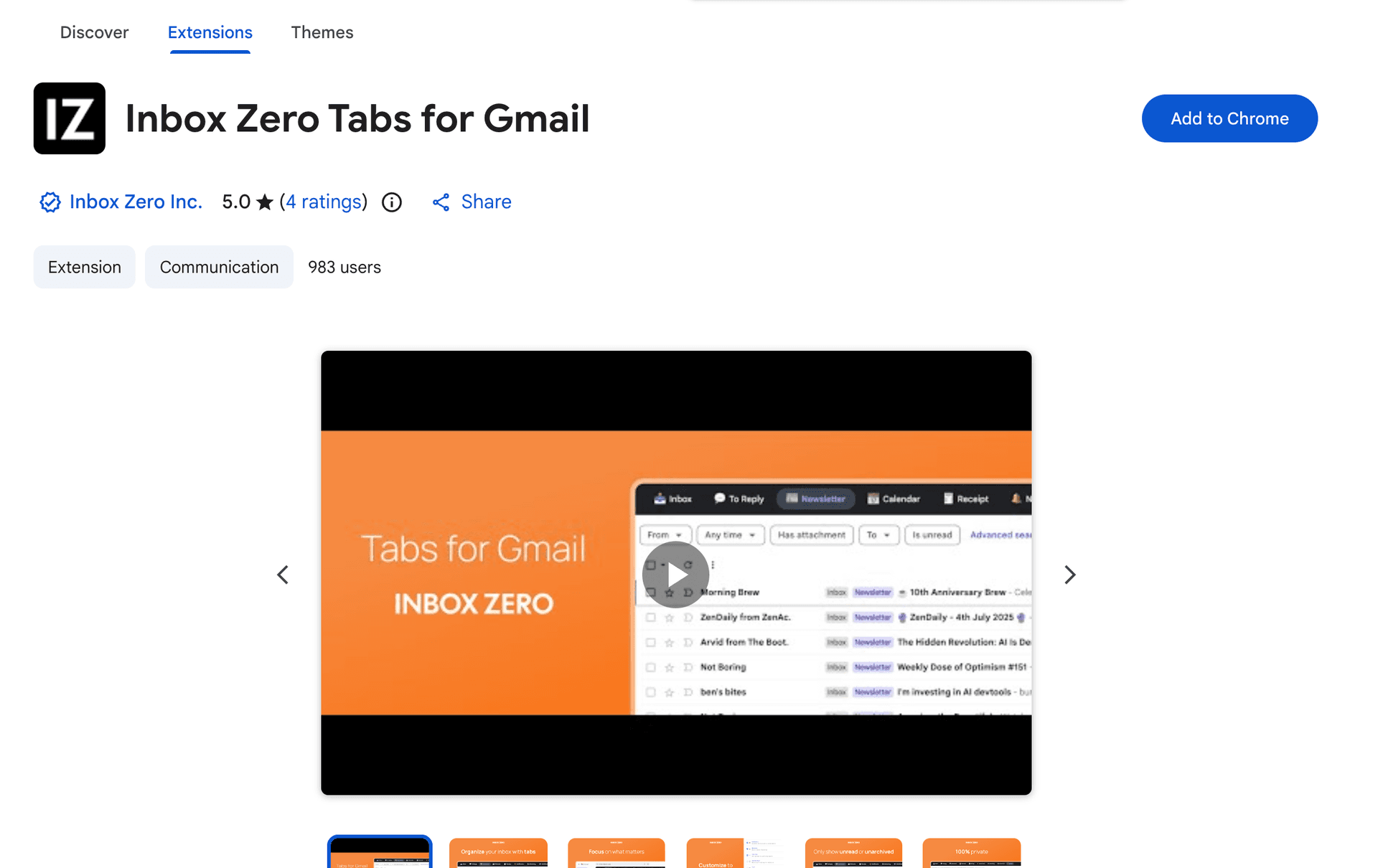 Inbox Zero Tabs for Gmail Chrome extension listing showing privacy-first email organization with custom tabs and zero data collection