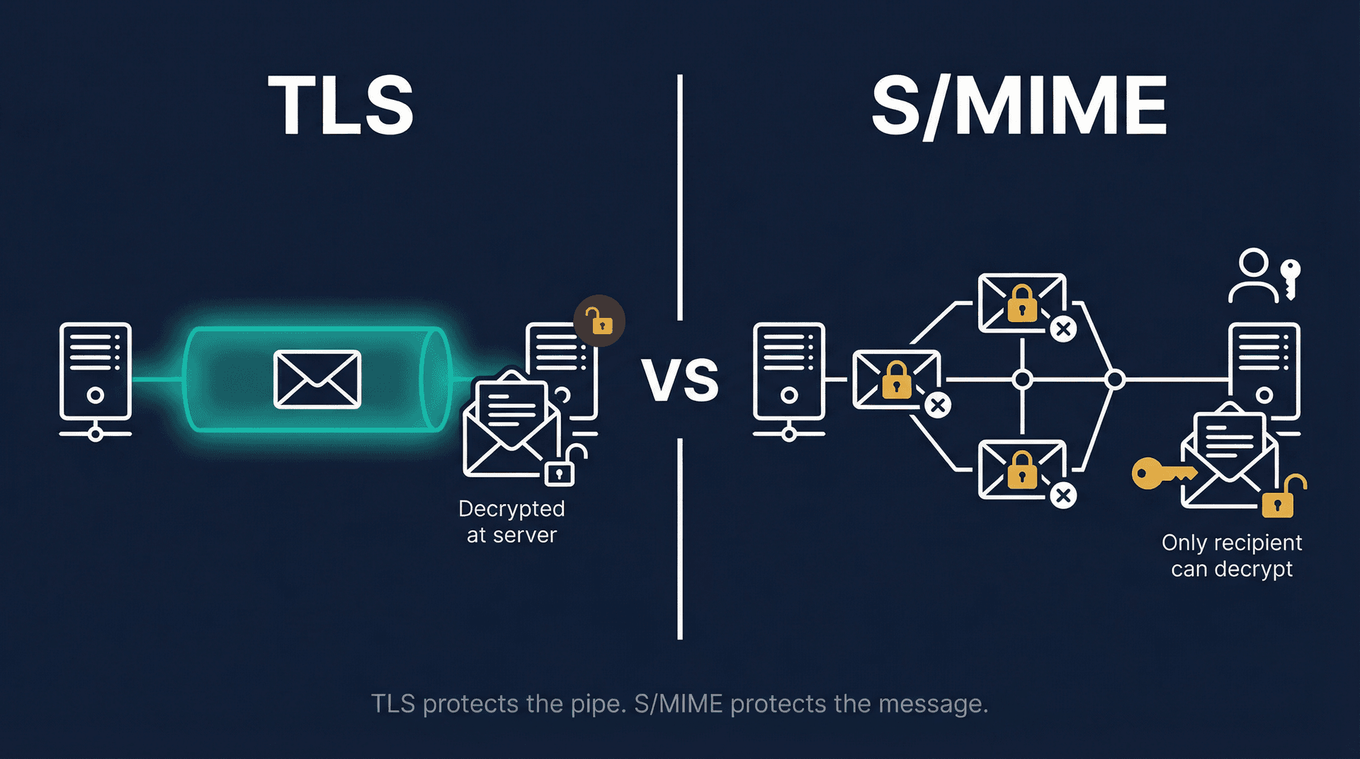 Side-by-side diagram comparing TLS transit encryption versus S/MIME end-to-end message encryption for email
